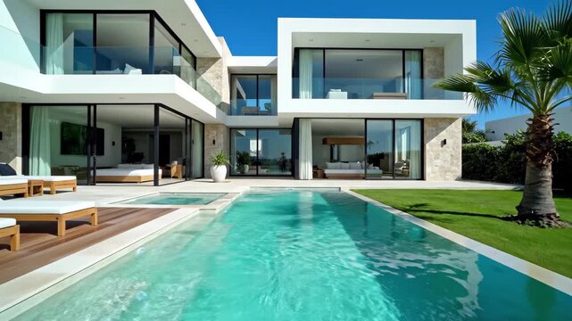 Modern luxury villa with swimming pool and palm tree on sunny day, 4k