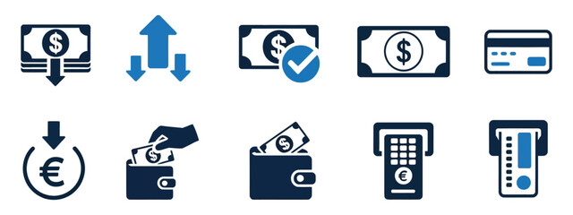 money, finance, transaction, payment, cash, currency, banking, icon, set, collection, deposit, withdrawal, credit card, atm, euro, dollar, wallet, hand, person, business, exchange, transfer, electroni