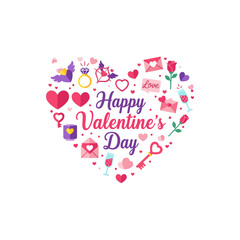 A vibrant heart shape composed of various romantic icons and "Happy Valentine's Day" text, celebrating love.