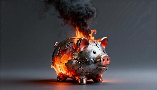 flaming piggy bank representing financial crisis debt and investment downfall perfect for financial wellness month