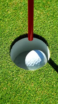 Close up of white golf ball rolling on green grass and falling into the hole cup successfully scoring