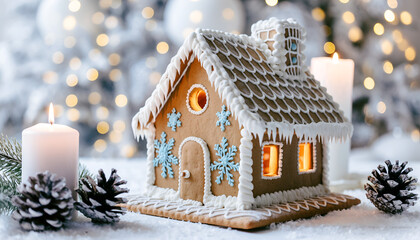 Festive Gingerbread House with Christmas Lights and Pine Cones.