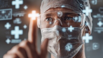 doctor wears mask and cap touches glowing plus symbols on digital interface medical professional interacts with futuristic health care tech and data analytics shows positive medical progress  