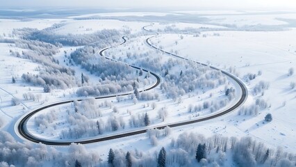 Aerial view of a winding road in a vast snowy landscape with frosted trees