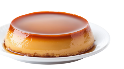 A plate of dessert with a brown sauce on top, isolated on a transparent background