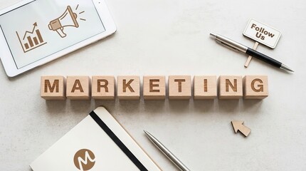 Wooden cubes spelling 'Marketing' on modern desk, branding elements, professional business concept