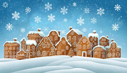 Whimsical Gingerbread Village Covered in Snow with Falling Snowflakes.