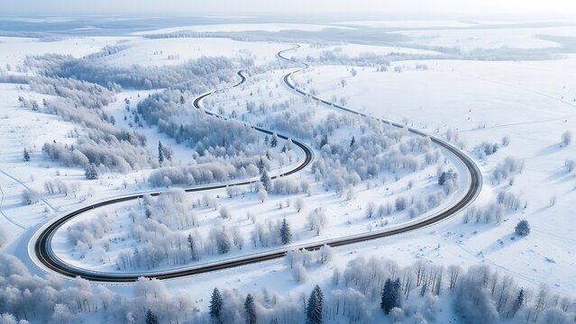 Aerial view of a winding road in a vast snowy landscape with frosted trees - Powered by Adobe