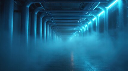 a futuristic data center corridor lined with bright blue liquid cooling tubes and heavy fog 