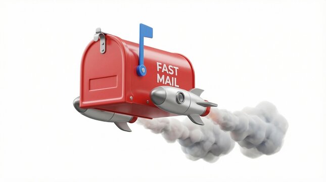 3d render of a red traditional mailbox with sci-fi rocket boosters attached to the sides, flying upwards, smoke trails, fast message delivery concept, cute 3d icon, glossy metal texture, solid pure wh