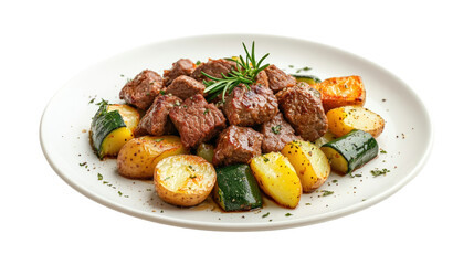 A plate of meat and vegetables with a white background