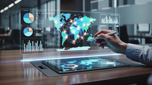 Business analyst interacting with holographic global data visualization and analytics dashboard on tablet, 4k