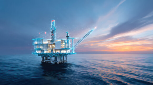Offshore energy platform at sunset glowing with digital lights