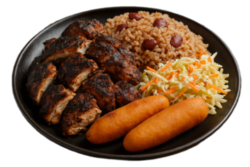 A plate of delicious jamaican jerk chicken served with rice and peas, coleslaw, and two festival, a feast for the eyes