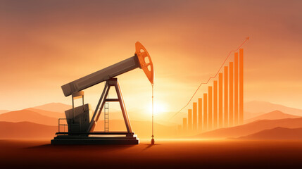 Oil pumpjack at sunset energy driven landscape with rising economy chart