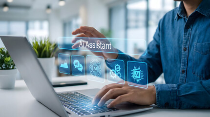 Businessman Interacting with AI Assistant Dashboard on Laptop