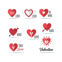 A vibrant collection of nine red heart icons featuring diverse romantic designs, including arrows, wings, keys, and text like "LOVE" and "BE MINE," perfect f...