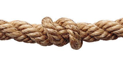 Thick natural fiber rope with tight knot detailed macro texture close up nautical material isolated on white background
