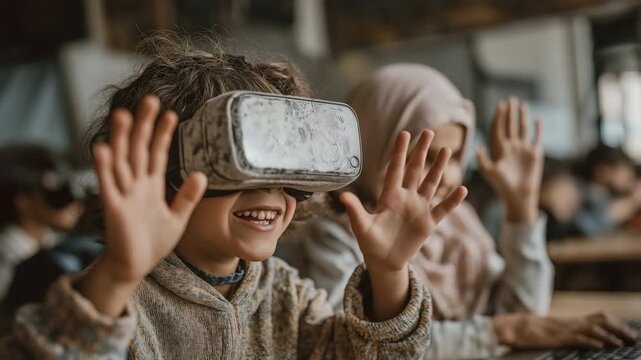 Excited refugee kids investigating virtual worlds in a digital classroom, symbolizing access to modern education, STEM inclusion, and the next wave of capable global citizens