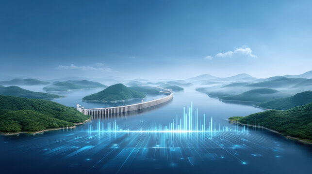Calm reservoir dam with energy waveform over water scenic landscape peaceful morning - Powered by Adobe