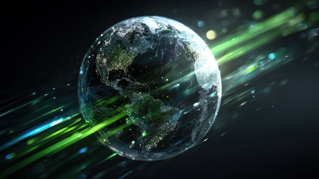 a glowing glass globe representing earth is illuminated by streaks of green and blue light suggesting global connectivity and digital data flow against a dark background   - Powered by Adobe
