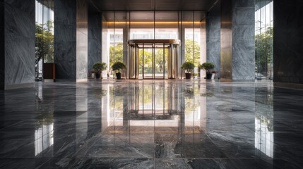 modern lobby interior with reflective marble floor and large glass doors 