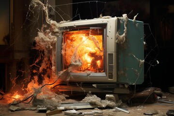 Obsolete crt television burning with flames and smoke, surrounded by debris and cobwebs