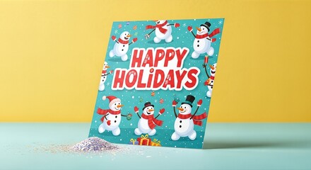 Obraz premium Happy Holidays greeting card mockup featuring joyful dancing snowmen and festive glitter on a table.