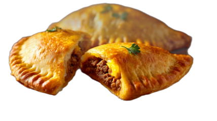 Delicious savory empanadas arranged on a surface, appetizing presentation, perfect snack. Empanadas offer a satisfying blend of textures and flavors