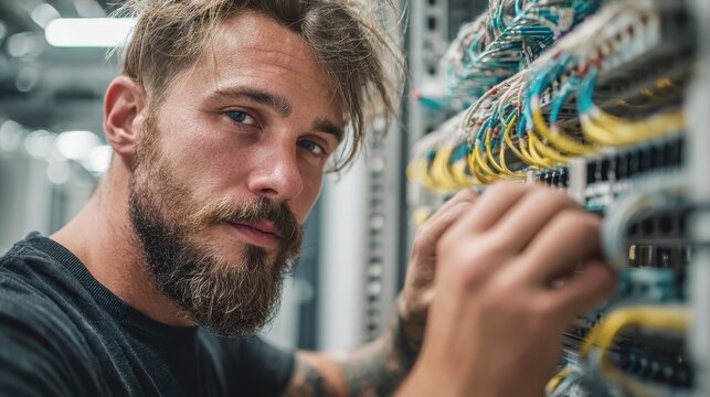 it technician connecting network cables in data center server rack   - Powered by Adobe