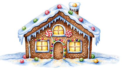 Whimsical Watercolor Gingerbread House Adorned with Festive Christmas Decorations.