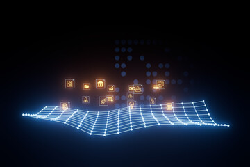Digital network with glowing icons representing data, finance, and technology in a dark background