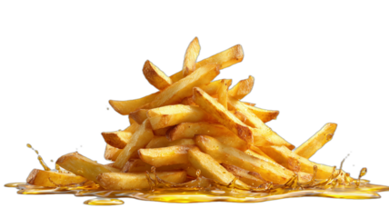 Golden and crispy french fries, a classic and tasty snack, arranged and with oil spilling out.
