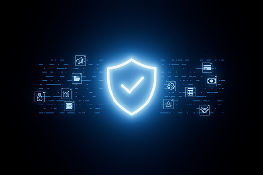 Digital security concepts with glowing shield and icons representing technology and protection in a dark background