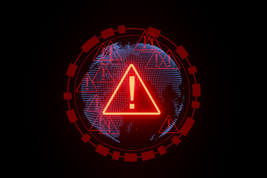 Warning sign displayed on a digital globe emphasizing global risks and issues in cybersecurity and data protection
