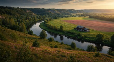 Naklejka premium Serene River Valley at Sunset with Rural Home