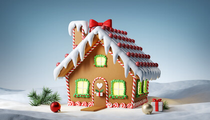 A festive gingerbread house adorned with icing and candy set against a snowy backdrop.