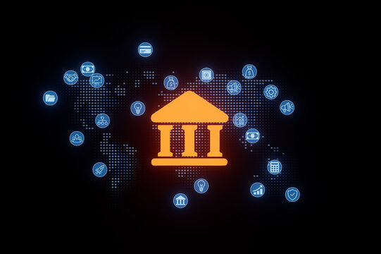 Digital banking symbols connected by a global network illustrating modern financial services - Powered by Adobe