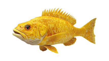 A large, yellow fish with a black mouth and orange fins, isolated on a transparent background