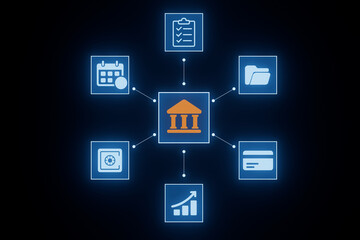 Fototapeta premium Technological connections between financial institutions and different services in a digital setup with icons