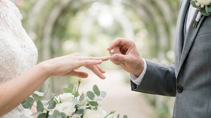 Groom Putting Wedding Ring on Bride's Finger During Ceremony