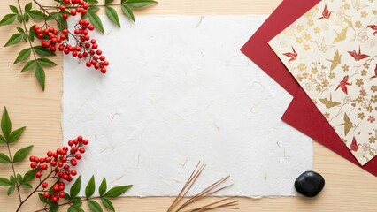 Japanese New Year Decoration Frame with Red Berries and Washi Paper