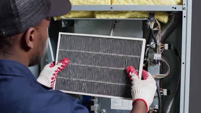 Hvac technician in uniform and gloves replacing a dirty air filter inside an air conditioning or furnace unit, 4k