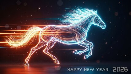 Neon Digital Horse Running with Happy New Year 2026 Text