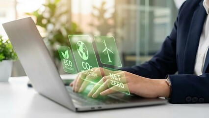 Net Zero and CO2 Reduction Concept with Green Holograms on Laptop