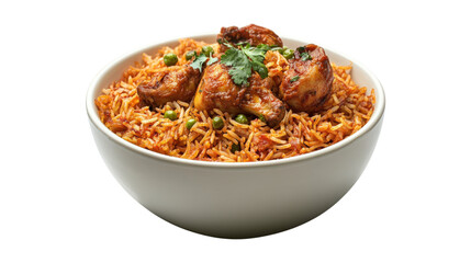 A bowl of food with rice and meat, isolated on a transparent background