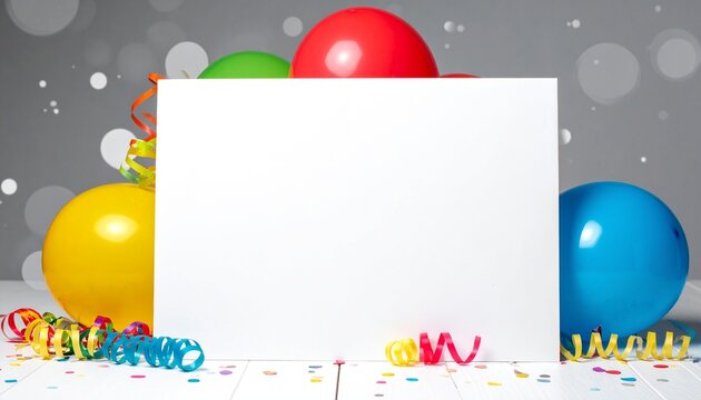 Colorful balloons and confetti surround a blank white sign on a gray bokeh background suitable for birthday events