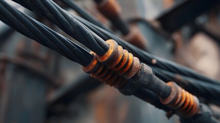 Thick weathered industrial cables are secured by rusty metal clamps and insulators
