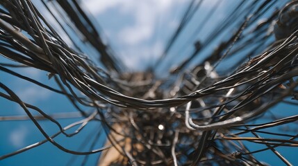 Dense tangled overhead wires create a complex network against a bright blue sky with clouds