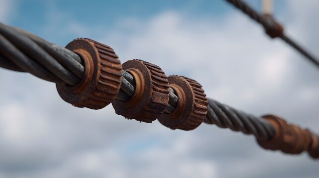 ro shot of three weathered rusty industrial metal cable clamps on a thick twisted wire rope set against a soft focus cloudy blue sky